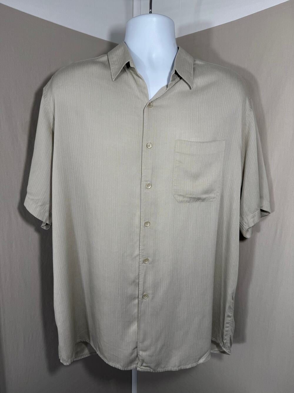 Perry Ellis Shirt Mens XL Beige Modal Rayon Short Sleeve Textured Button Down